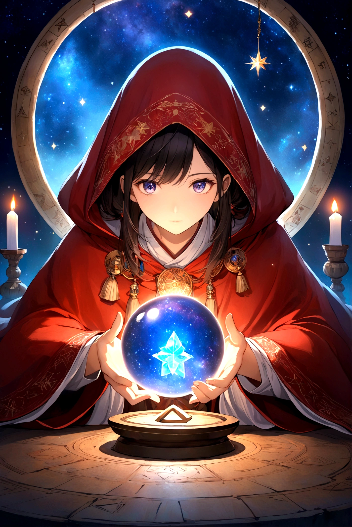 Astrologer, mystery, ancient, Starry sky background, Hold a crystal ball, Staring into the distance, The cloak flutters, night, Candlelight, ancient书籍, Star motif, Magic Runes, mystery氛围, Detailed description, High quality details, Artistic effects