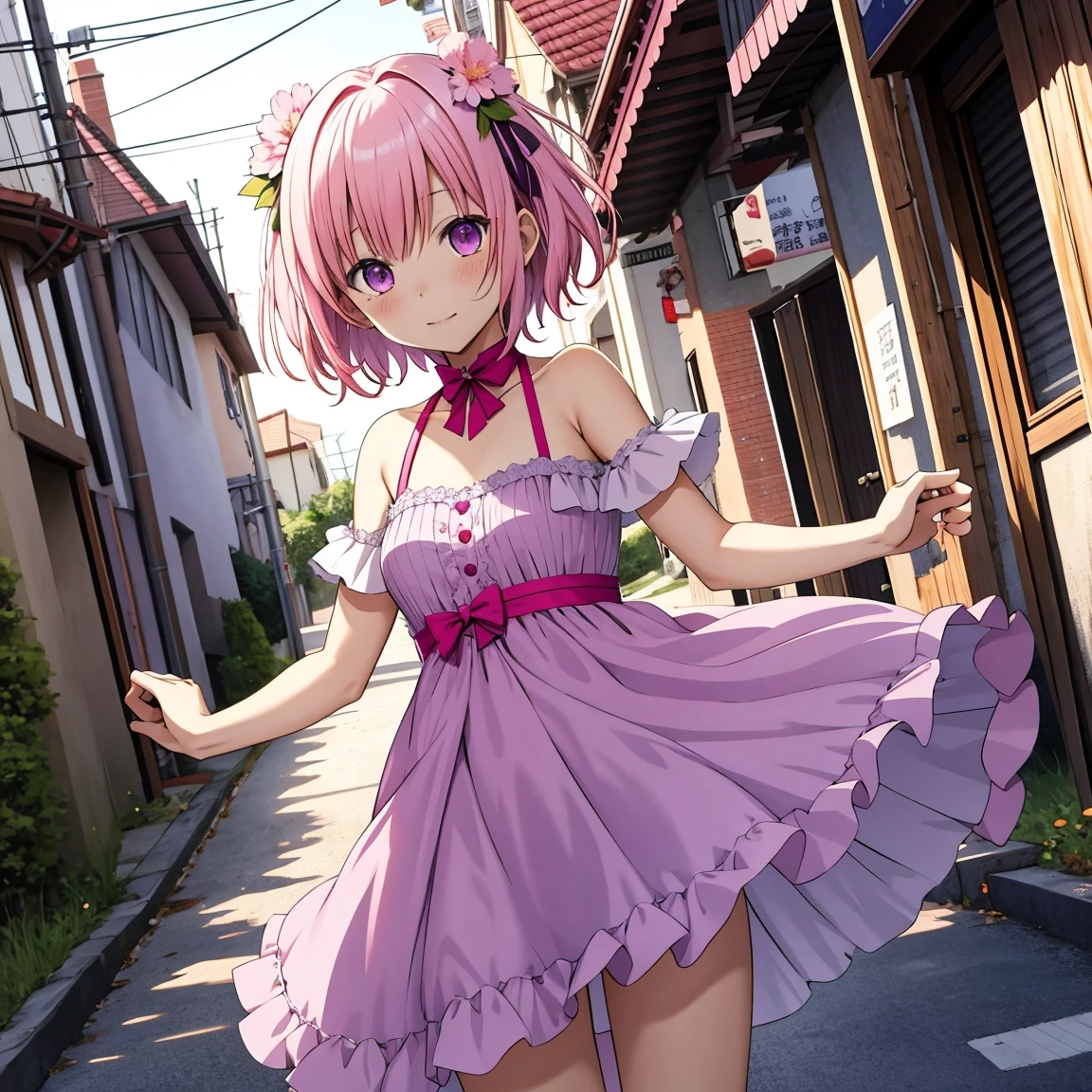 Momo Belia Deviluke Age 14 has short pink hair and purple eyes. In the To LOVE-Ru , straightened her hair out She also has two small flowers on her hair. cute dress