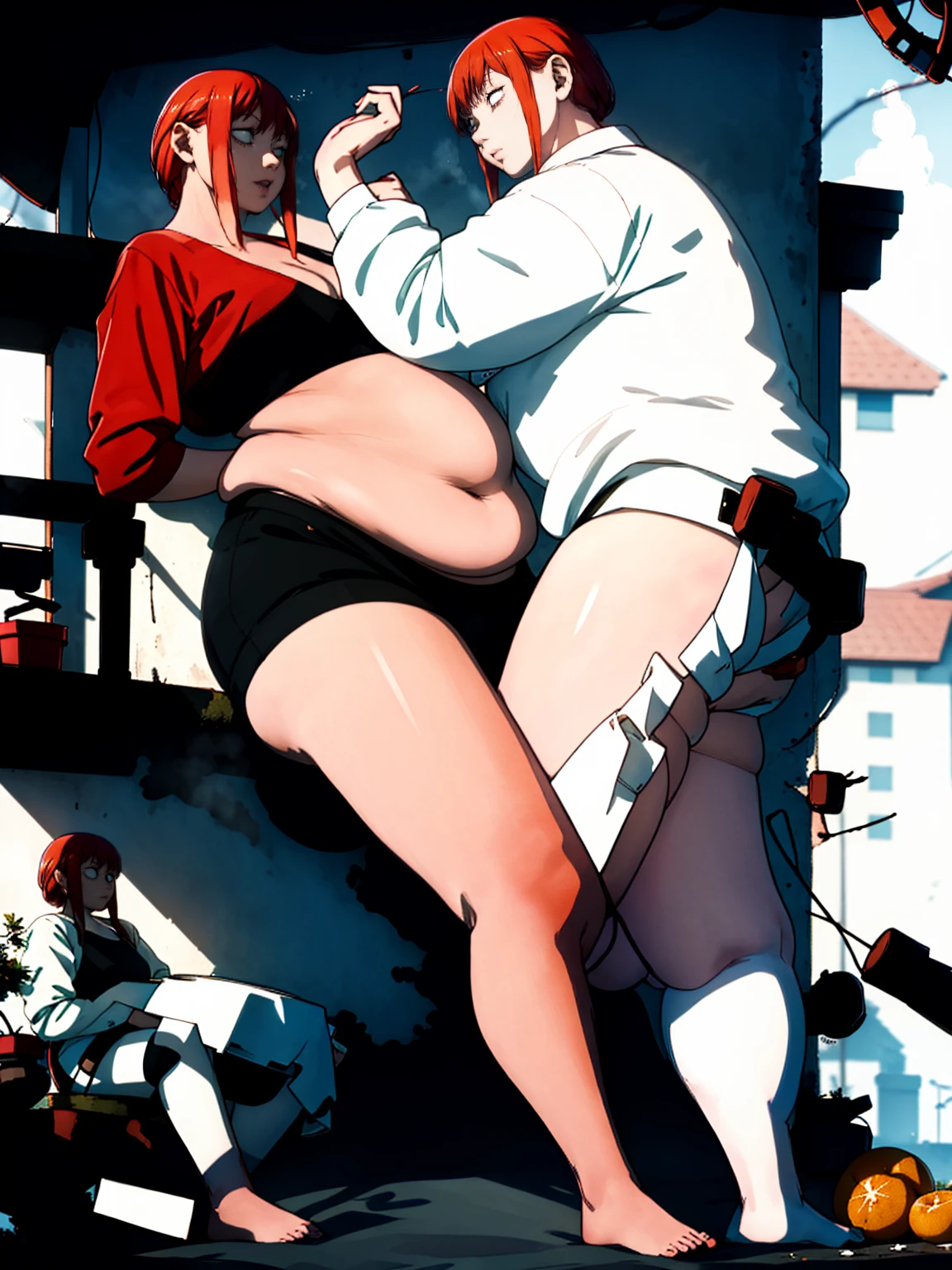 Le personnage Makima de la série animée Chainsaw Man, fragile, obésité morbide, ssbbw, pleine longueur (corps entier 1.1.), fond sombre, obscurité, anatomie correcte 1.1, anatomie correcte de la main, Très féminin, corps gras et rond, grosses Jambes, fesses, beau corps obèse, ventre rond et mou très gras, cheveux roux, Yeux oranges, Cercles rouges pour les écoliers, chemise blanche, jupe noire, cravate noire, pose sexy, réaliste, very détaillé, beau corps, détaillé body, détaillé hands, détaillé, vibrant, détaillé Face, Conception des personnages de Makima. very détaillé, détaillé body, détaillé hands, détaillé Face, Art animé, Hugh Détails, Visage très abattu, détaillé eyes, Illustration ultra fine, Meilleure ombre, détail fin, beautiful détaillé glow, beautiful détaillé, Extraordinairement beau, extremely détaillé, inexpressif, composition épique, Style animé. art animé, Style animé. Jupe noire, chemise blanche, cravatte, pose sexy. Double menton, visage très gras, grosses joues, joues potelées