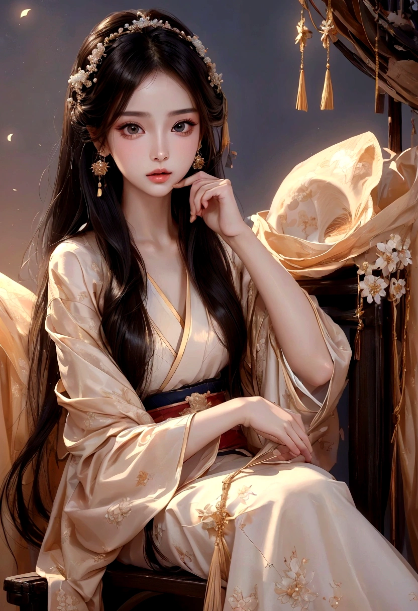 Best image quality、8K、masterpiece:1.3))、Realistic high-quality photos、Highest quality、 Beautiful face、Photos of slim models、Beautiful girl model、Young and pretty face、Beautiful model girl、A lovely and delicate face、Black Hair、Beautiful brown eyes、Young Body、Hanfu, (emphasize)、Camera gaze