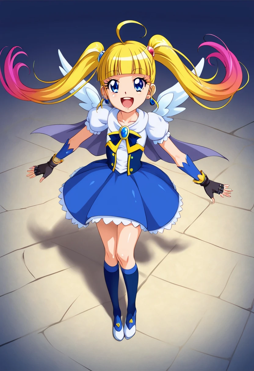 masterpiece, Highest quality, Looking_in_Audience, Happy, Are standing, From above,
One girl, Cure Sky,
dress, Twin tails, Gradient Hair, Ahoge, Blunt bangs, Wings on the head, Fingerless gloves, White shirt, Puffy sleeves, Cape, Knee socks, blue legwear, gem, Single earring,