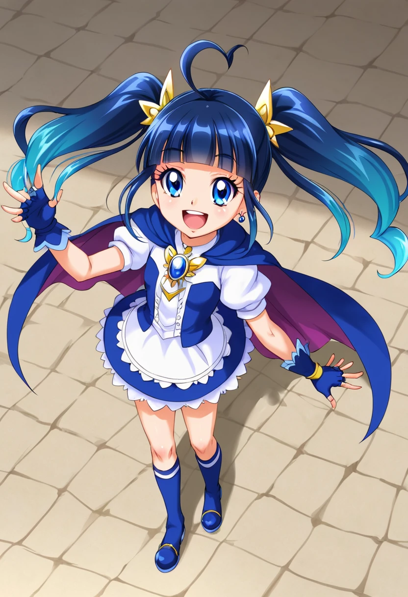 masterpiece, Highest quality, Looking_in_Audience, Happy, Are standing, From above, 
One girl, Cure Sky, 
dress, Twin tails, Gradient Hair, Ahoge, Blunt bangs, Wings on the head, Fingerless gloves, White shirt, Puffy sleeves, Cape, Knee socks, blue legwear, gem, Single earring,