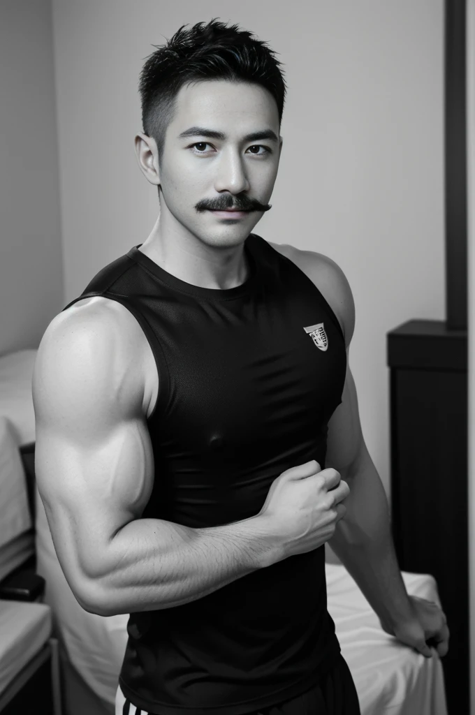 Masterpiece, best quality, high resolution, realistic, handsome, Take beautiful photos, Sayk, NRF, Photo of the 35 year old gym association (The man has a thin mustache.:1.2) Portrait, standing in bedroom , make military media, weight, Amazing , Buzzcut short hair,stubble head , (Hyper Muscle),looking at the audience, Flirt with the camera, charming, (Tight black exercise shirt ),(GS-Male:1), 8K,Bokeh,Portrait,look at the viewer,