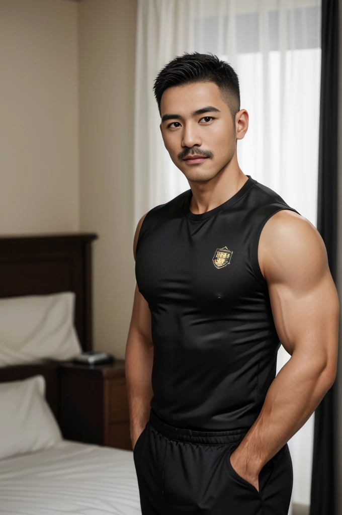 Masterpiece, best quality, high resolution, realistic, handsome, Take beautiful photos, Sayk, NRF, Photo of the 35 year old gym association (The man has a thin mustache.:1.2) Portrait, standing in bedroom , make military media, weight, Amazing , Buzzcut short hair,stubble head , (Hyper Muscle),looking at the audience, Flirt with the camera, charming, (Tight black exercise shirt ),(GS-Male:1), 8K,Bokeh,Portrait,look at the viewer,
