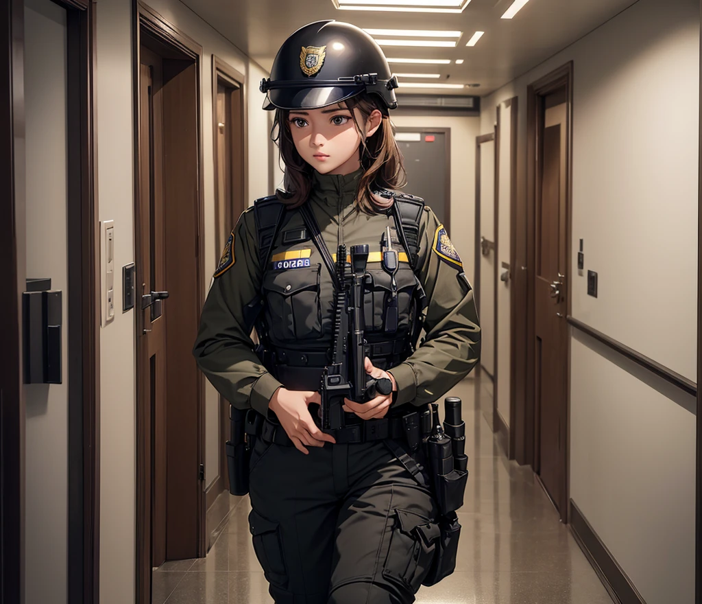 A group of female police officers in brown uniforms、Full helmet、Police pants、Various police equipment、Standing guard in the corridor、Write details、masterpiece、best quality、Highly detailed CG、8K picture quality