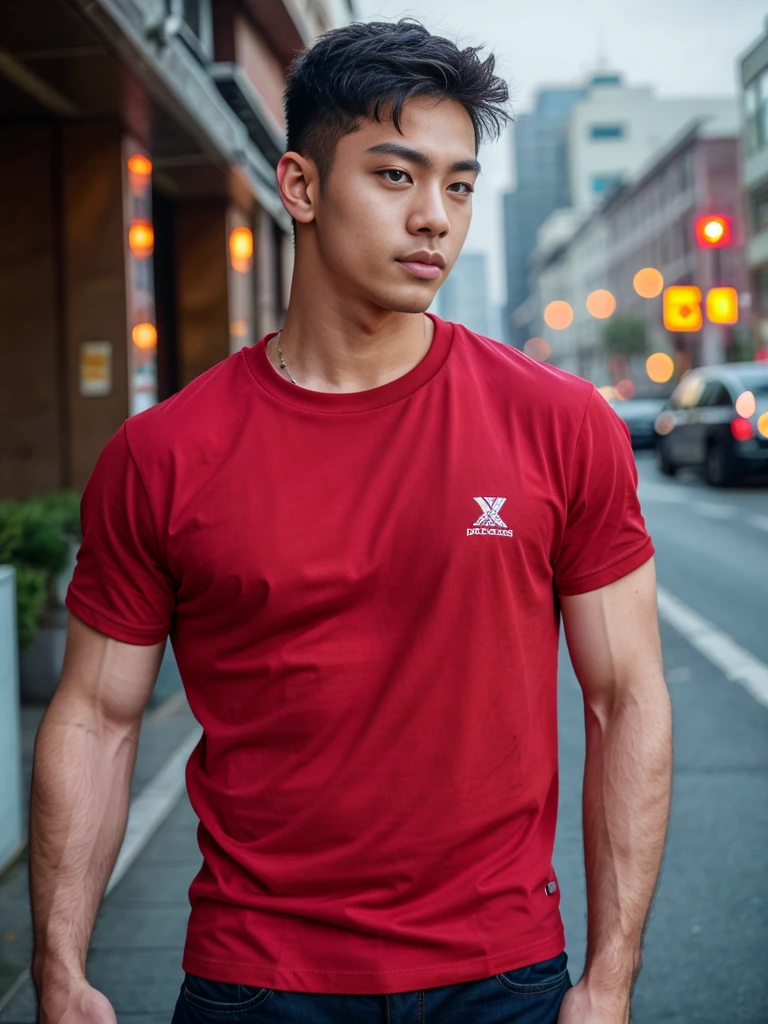 (best quality, 4K, 8K, high resolution, Masterpiece: 1.2), Special details, (realistically, As realistic as a photo, photo realistic: 1.37), Edge lighting, Extra detailed coloring, sharp focus, Physical rendering ,Extremely detailed description,professional,light color,Bokeh,Portrait,look at the viewer,
Young Asian man, 20 years old ,(wearing a red t-shirt)