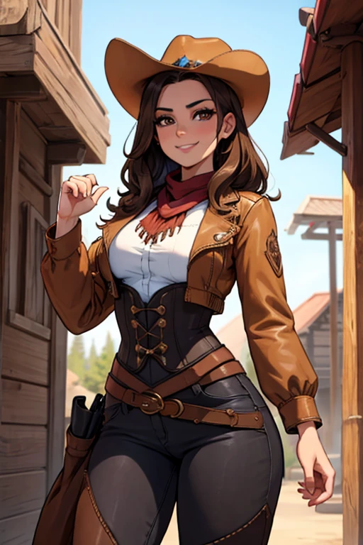 perfect face, perfect hands A brown haired female cowgirl with copper eyes with an hourglass figure in a conservative cowgirl outfit is smiling in front of a salloon