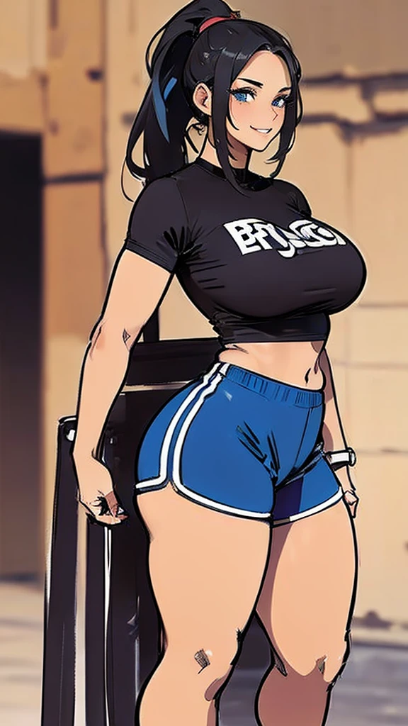 Black hair girl with a ponytail, standing looking at the ground with an air of superiority. muscular girl, naughty smile. (((thick-thighs))). (((big-ass))). detailded, beautiful  face, blue colored eyes. She has a small breasts. m1cr0sh0rts, shorts,