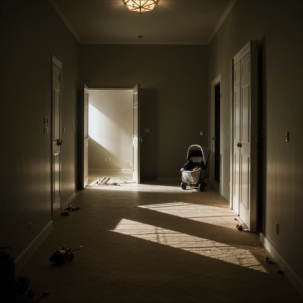 surreal detailed entangled horror halls, a parked stroller and a toy on the floor, atmospheric, secret, clean lines and shapes, odd light --v 6.0 --style raw --s 400