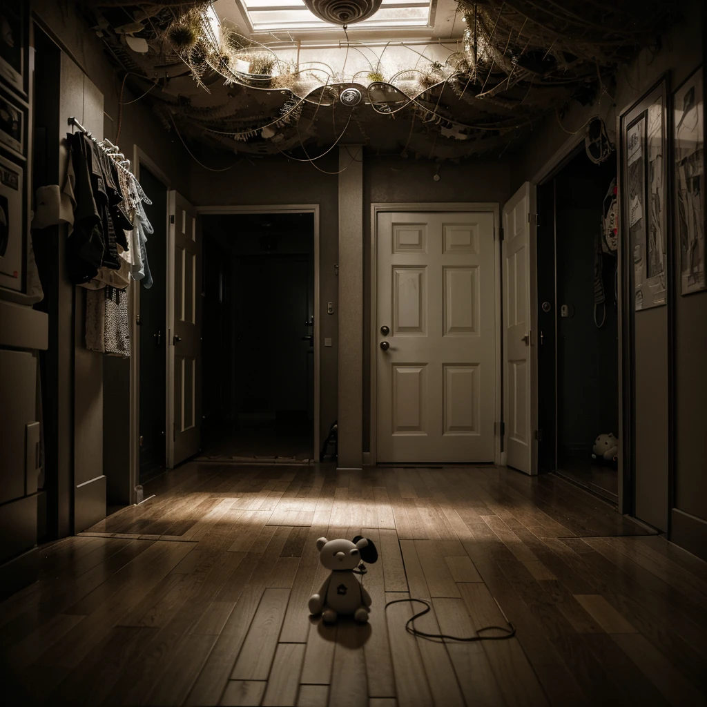 surreal detailed entangled horror halls, a parked stroller and a toy on the floor, atmospheric, secret, clean lines and shapes, odd light --v 6.0 --style raw --s 400