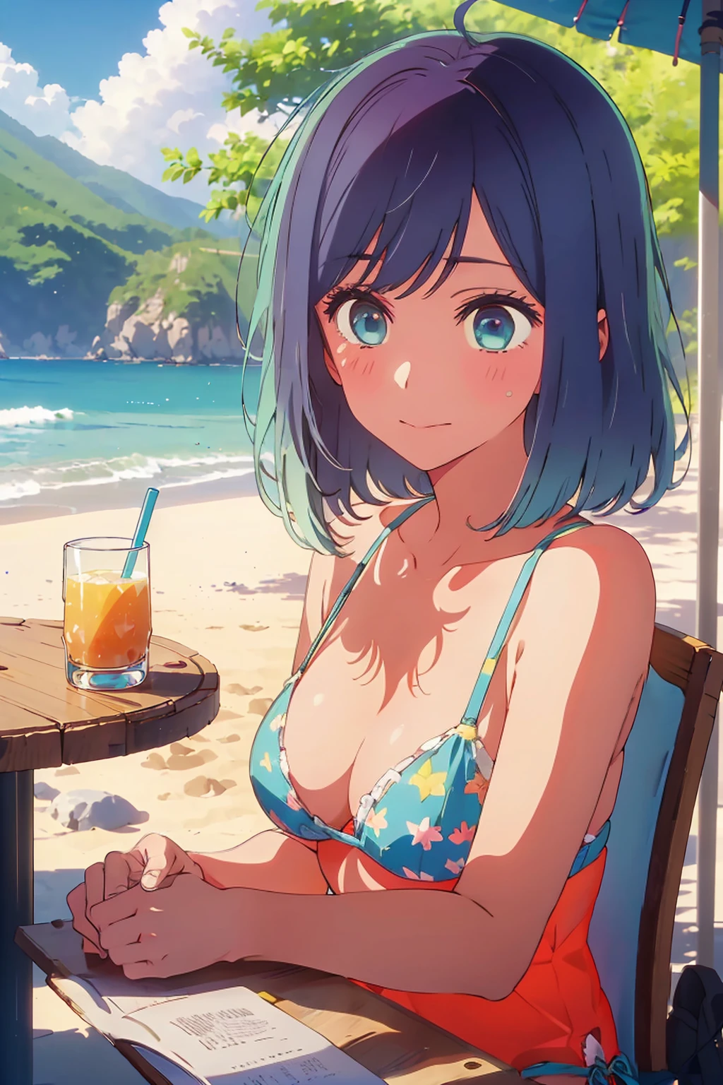 (Highest quality:1.4、masterpiece:1.4、Super detailed:1.4、8K:1.4)、((((1 person、Surprised expression、sit、Outdoor café terrace、coastal、juice、table、Sandy Beach、juiceのグラスを持つ、Plain Bikini、The depth of the written world、Very soft boobs、Big eyes、Very cute face))))、F cup bust、Medium breast