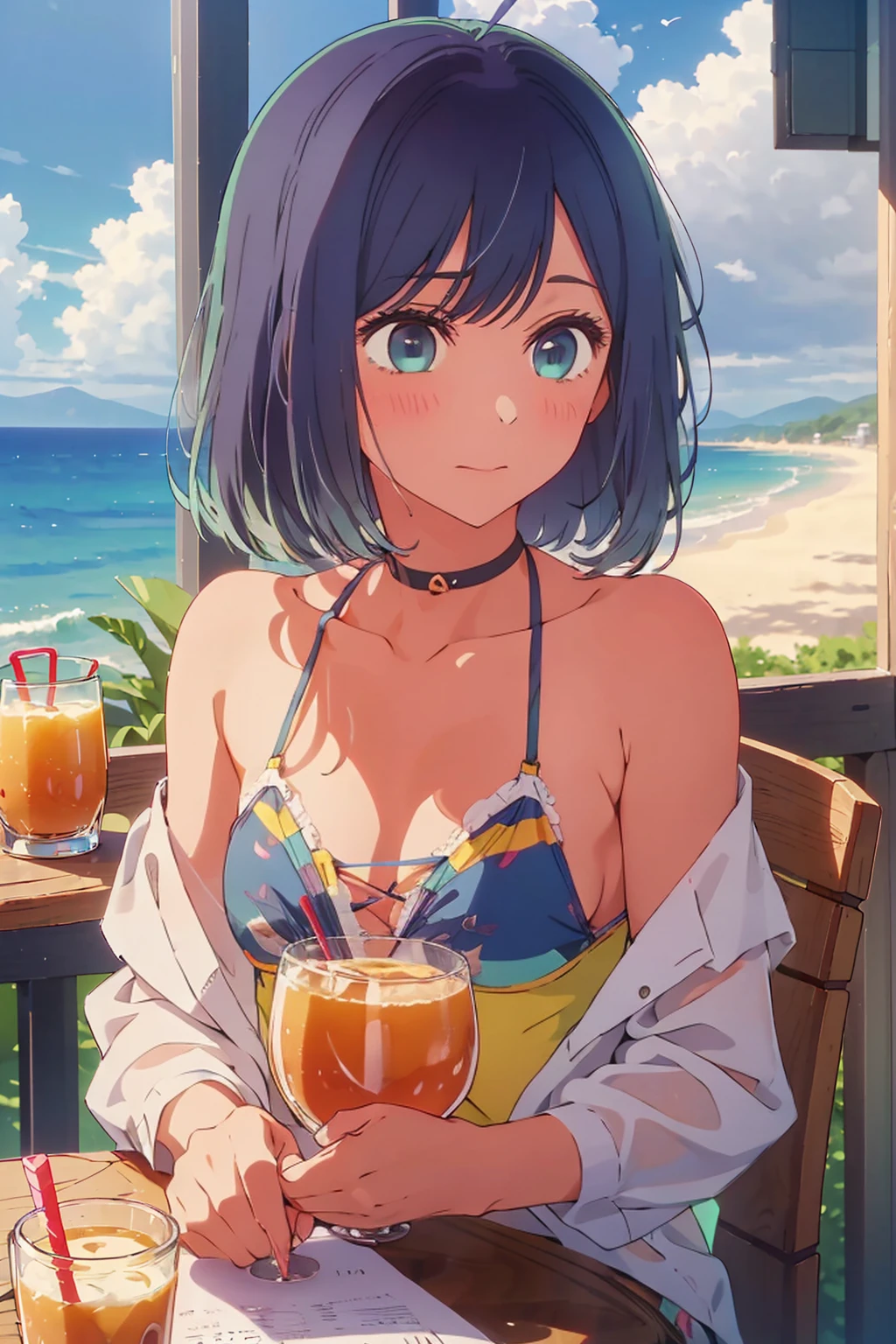 (Highest quality:1.4、masterpiece:1.4、Super detailed:1.4、8K:1.4)、((((1 person、Surprised expression、sit、Outdoor café terrace、coastal、juice、table、Sandy Beach、juiceのグラスを持つ、Plain Bikini、The depth of the written world、Very soft boobs、Big eyes、Very cute face))))、F cup bust、Medium breast、Underboob