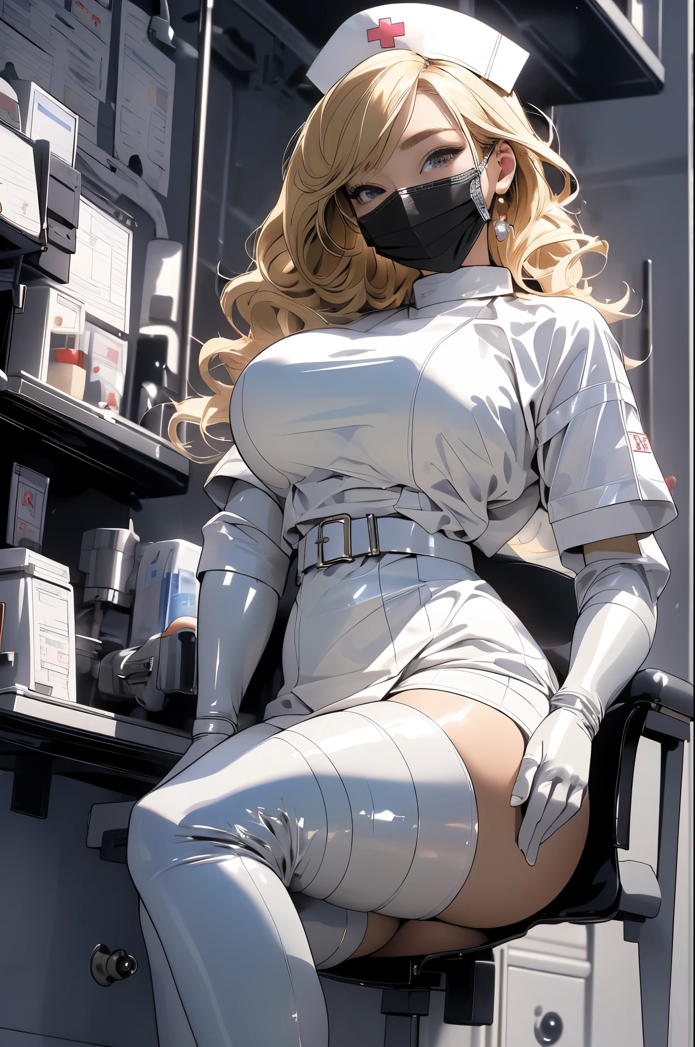 (masterpiece, Highest quality, 32K Wallpapers, Very detailed,portfolio),Blonde、((Huge breasts:1.8,Plump body:1.4))、((Latex nurse clothes、Long gloves in latex、Latex boots)),nsfw,BDSM,bondage:1.6,The sheen of latex:2.0,pussy:1.2