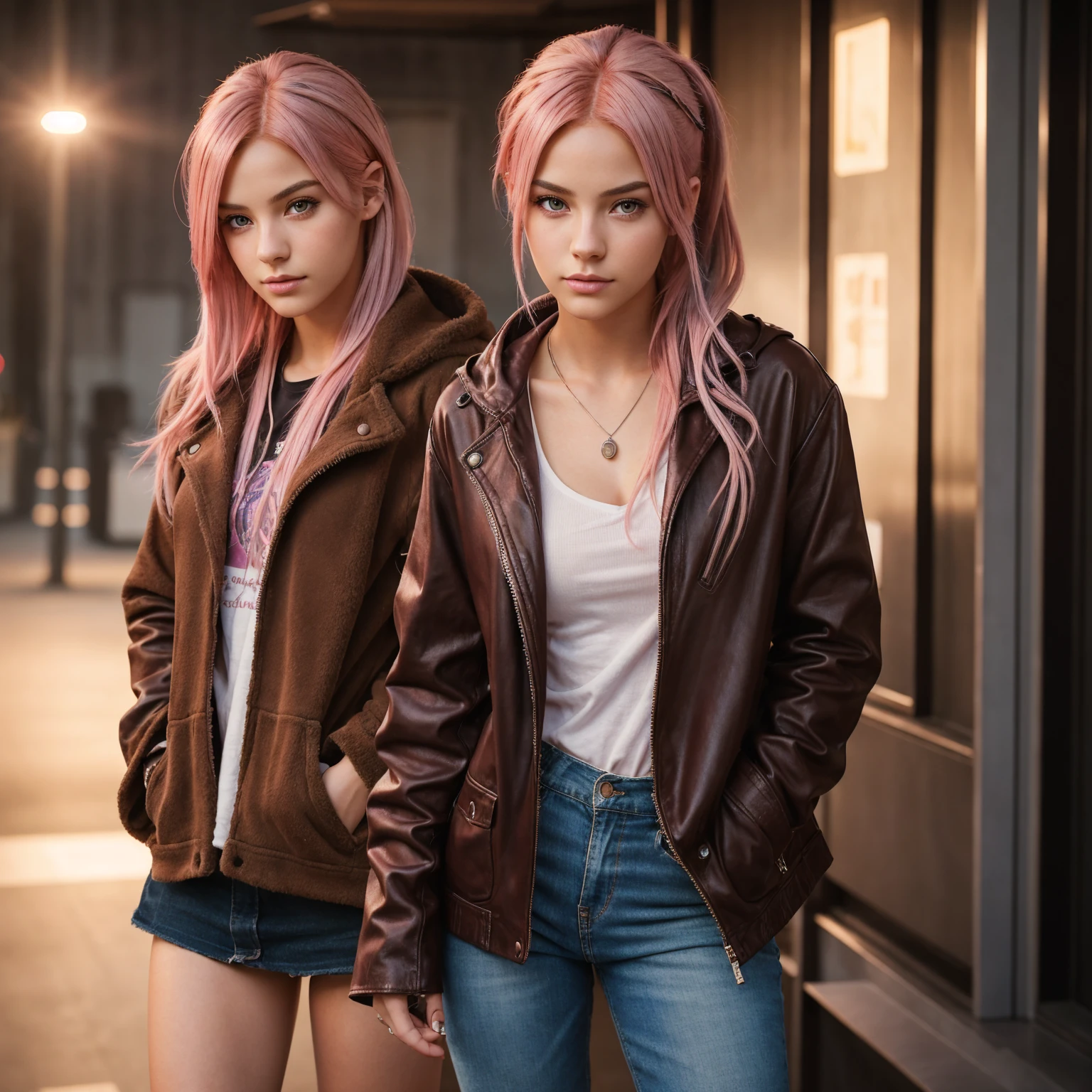 A photorealistic portrait of a 20-year-old American female with eye-catching pink hair and deep brown eyes, dressed in trendy clothing, full body shot, 8k hdr, high detailed, she possesses a sense of mystery and allure, illuminated by soft, dreamy lighting.