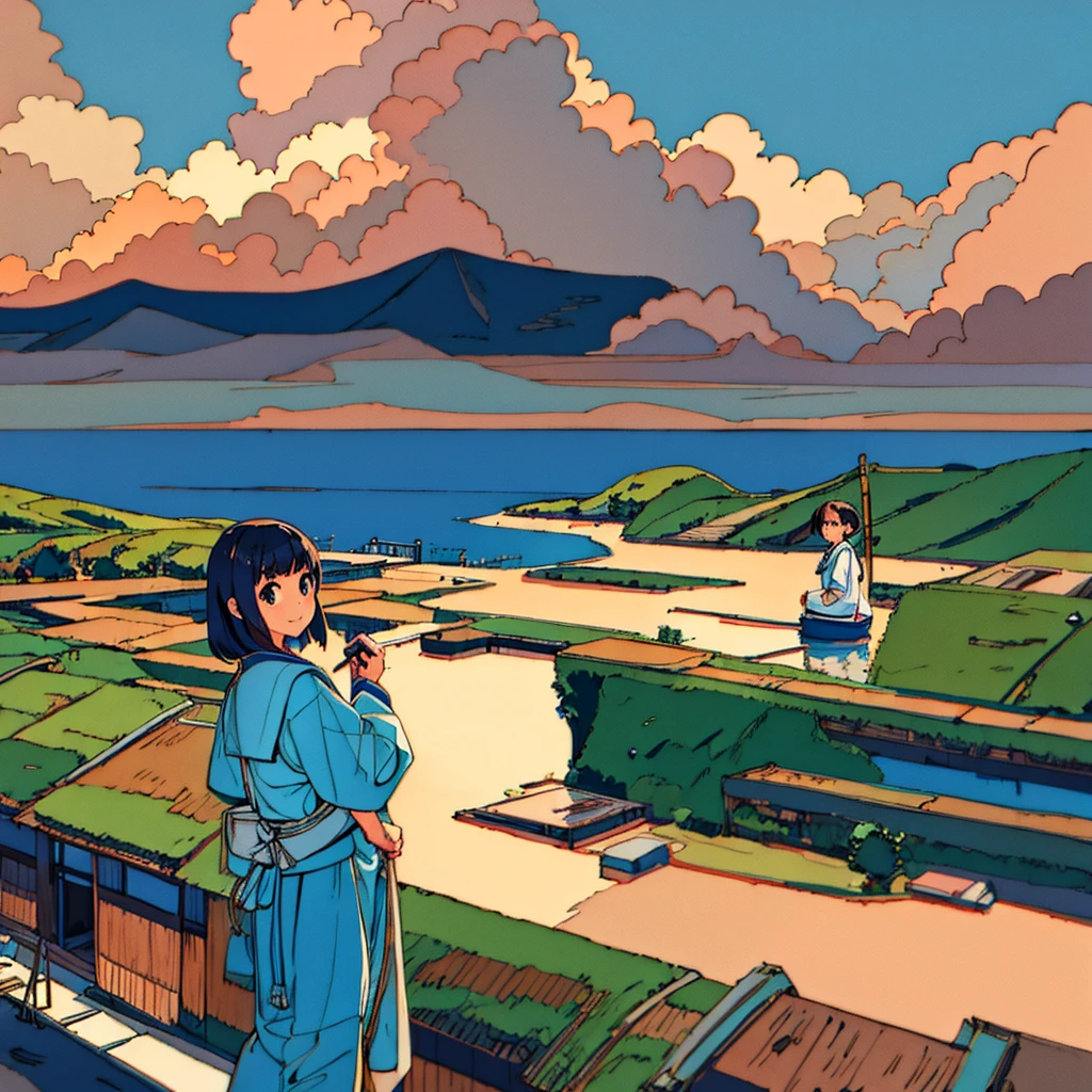 Japanese landscape, summer, nostalgic, handwritten style, sailor suit girl smiling、Azemichi、Rural Building