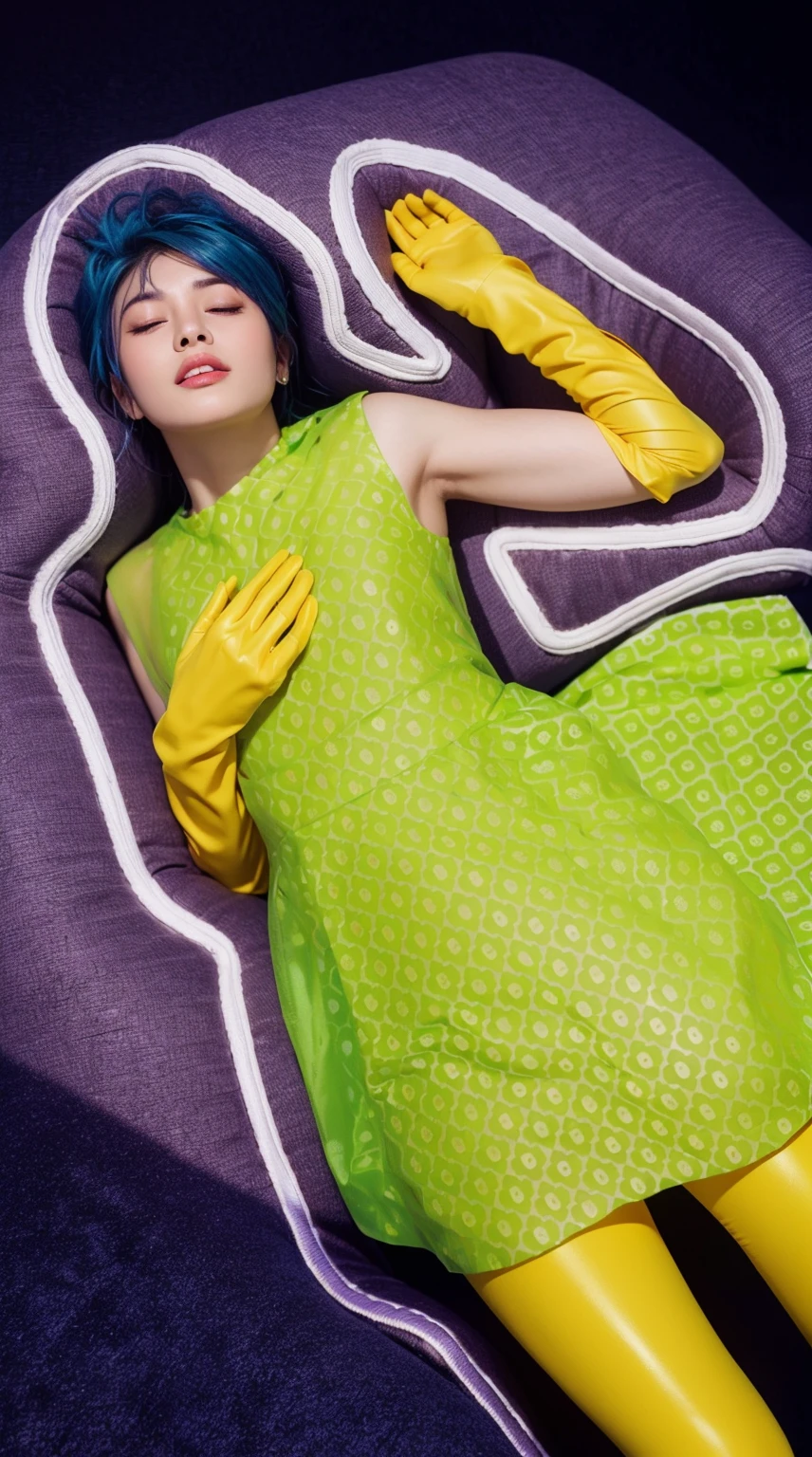 This image showcases a woman with a radiant and serene beauty, highlighted by her glossy, satin-like skin that gives her a refined and graceful appearance. Her striking blue hair is styled in a modern, edgy cut, adding a vivid pop of color that contrasts beautifully with her delicate facial features. Her expression is peaceful, and her closed eyes evoke a sense of tranquility. She wears a bright green dress with a playful geometric pattern, complemented by bold yellow gloves that reach her elbows, enhancing her stylish and colorful ensemble. The overall composition is framed against a purple background with a white silhouette outline, which further accentuates her striking appearance and the vibrant colors of her attire. glossy texture, smooth 3d model, multiple light sources, rim light, sharp post effects render, (glossy plastic texture with multiple big light probe refractions), perfect cgi, smooth silhouette, high intensity refraction, (super glossy plastic material), most beautiful vfx, , realistic, 4k, high resolution, rim light, smooth 3d model, multiple light sources, rim light, sharp post effects render,, realistic, 4k, high resolution, rim light detailed digital art, reflective, best quality, 4k, masterpiece:1.2, ultra-detailed, realistic, vivid colors, The image of the highest quality, ensuring every detail showcased perfectly. It in 4k resolution, allowing viewers to immerse themselves in the richness of the colors and intricate details. The realistic rendering. under the spotlight, reflecting, high-resolution image, realistic rendering