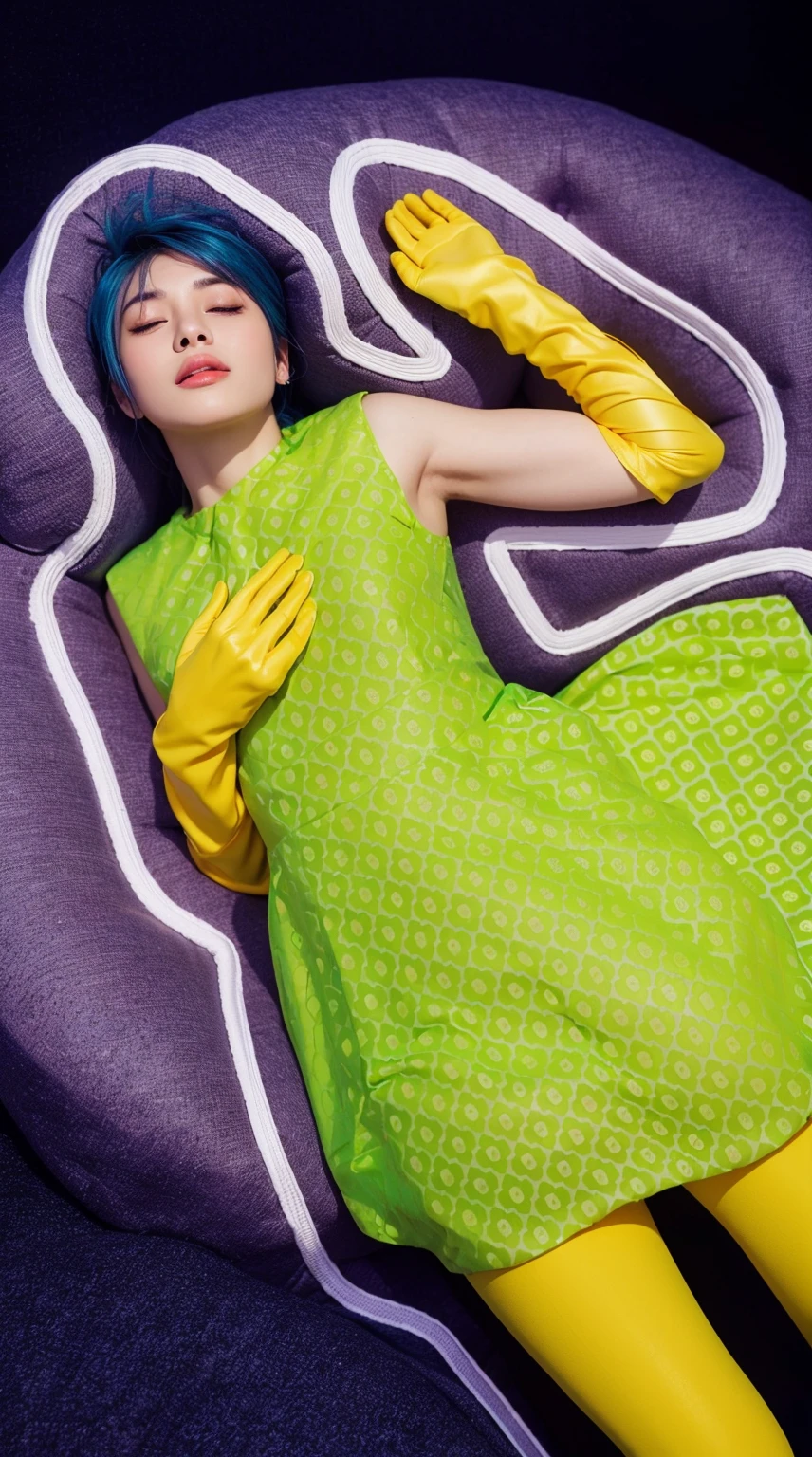 This image showcases a woman with a radiant and serene beauty, highlighted by her glossy, satin-like skin that gives her a refined and graceful appearance. Her striking blue hair is styled in a modern, edgy cut, adding a vivid pop of color that contrasts beautifully with her delicate facial features. Her expression is peaceful, and her closed eyes evoke a sense of tranquility. She wears a bright green dress with a playful geometric pattern, complemented by bold yellow gloves that reach her elbows, enhancing her stylish and colorful ensemble. The overall composition is framed against a purple background with a white silhouette outline, which further accentuates her striking appearance and the vibrant colors of her attire. glossy texture, smooth 3d model, multiple light sources, rim light, sharp post effects render, (glossy plastic texture with multiple big light probe refractions), perfect cgi, smooth silhouette, high intensity refraction, (super glossy plastic material), most beautiful vfx, , realistic, 4k, high resolution, rim light, smooth 3d model, multiple light sources, rim light, sharp post effects render,, realistic, 4k, high resolution, rim light detailed digital art, reflective, best quality, 4k, masterpiece:1.2, ultra-detailed, realistic, vivid colors, The image of the highest quality, ensuring every detail showcased perfectly. It in 4k resolution, allowing viewers to immerse themselves in the richness of the colors and intricate details. The realistic rendering. under the spotlight, reflecting, high-resolution image, realistic rendering