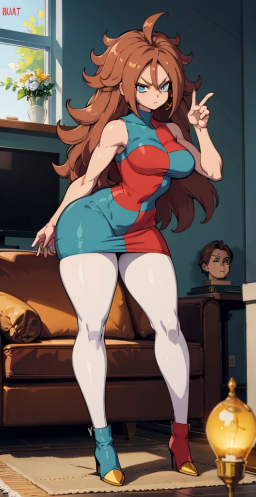 android 21, cups, pose lateral, She is sideways to the spectator, long brown hair, blue colored eyes, plaid dress, pantyhose, looking to the side, pose lateral, standing, ele está standing, serious, legs spread open, livingroom, light bulb, high qualiy, work of art, legs thick, big-ass, body healed,