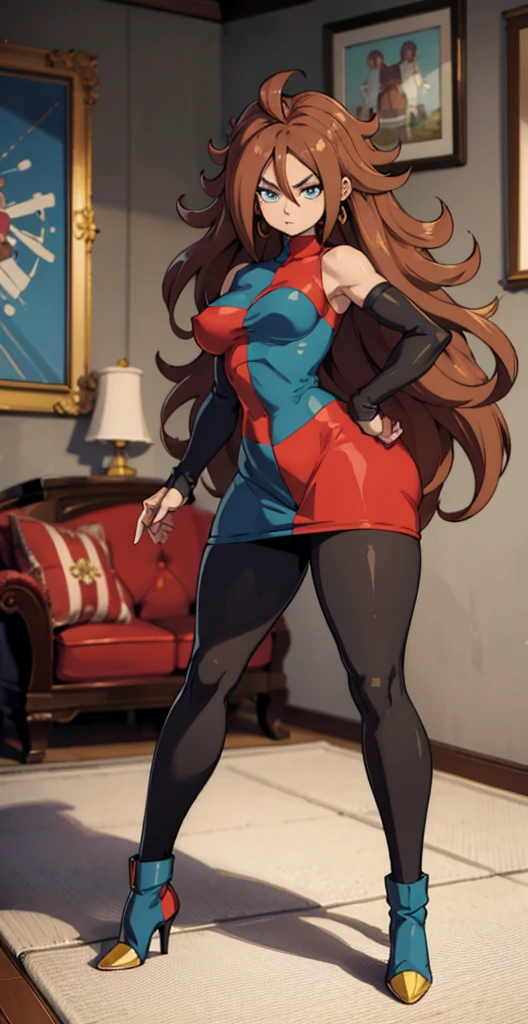 android 21, cups, pose lateral, She is sideways to the spectator, long brown hair, blue colored eyes, plaid dress, pantyhose, looking to the side, pose lateral, standing, ele está standing, serious, legs spread open, livingroom, light bulb, high qualiy, work of art, legs thick, big-ass, body healed,