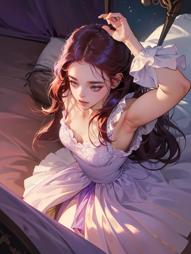 absurderes,(​masterpiece、top-quality、8K ),intricate detailes,ultra-detailliert、(soft focus:1.2),One Perfect Beauty Woman、(Unusual look:1.2),beautiful and detailed eyes, White Eyes, (Purple-ish Red Hair), Long hair, bangs, Black Nightgown、Lying in bed、arms up,armpits,(from above:1.2),eyeliner,long eyelashes,sparkly eyes,parted lips,cinematic lighting,amazing,(melancholic:1.2),,(fantasy,dreamlike),hyper realistic,perfect anatomy