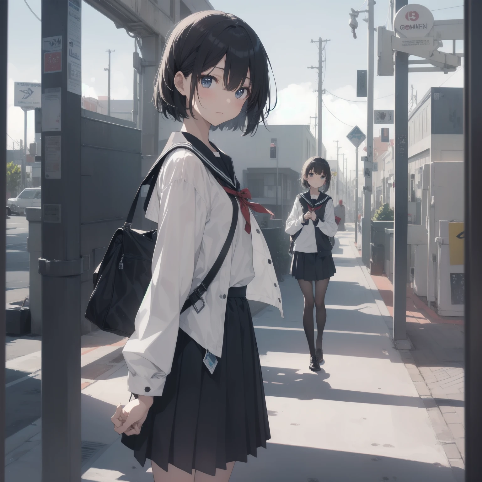 ultra-absurdres-Top quality by artist God, ultra-detailed, high resolution, anime moe artstyle, best anime 8k konachan wallpaper, pixiv contest winner, pool:2810, perfect anatomy,break, 1girl, (Please draw a girl walking sleepily to school alone. )break,(Solo,little female, 13-year-old:1.3),Full limbs, complete fingers,a junior high school student, (very short hair), short cut, flat chest, , small butt, small black eyes, beautiful detailed eyes, well-proportioned iris and pupils, expressive eyes, highres detailed hair, soft expression, salor school_uniform, sailor collar, serahuku, bow, pleated skirt,(Detailed Lighting), (Detailed background), in the School commute route. break,super detailed skin, Best cinematic lighting powered by famous artist, 8k,beauty illustration,photoshop_(medium),very aesthetic,break,((artist:gomashio_(goma_feet) )), artist:clamp ,artist:carnelian ,artist:kantoku ,
