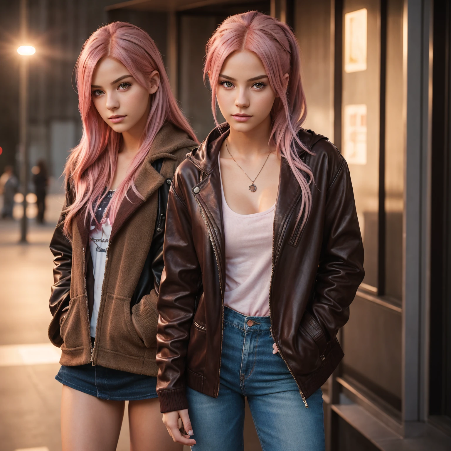 A photorealistic portrait of a 20-year-old American female with eye-catching pink hair and deep brown eyes, dressed in trendy clothing, full body shot, 8k hdr, high detailed, she possesses a sense of mystery and allure, illuminated by soft, dreamy lighting.