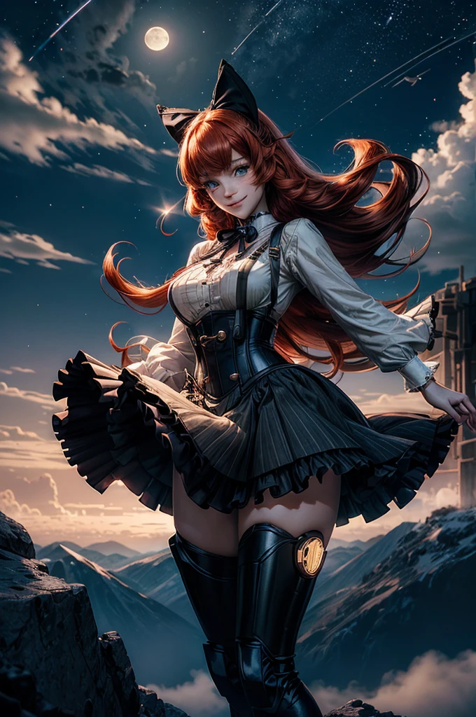 night, moon, stars, cowboy shot, (dynamic pose), smile,  underbust, Penny Polendina, long red hair, neck ribbon, suspender skirt, corset, black bow, white blouse, mechanical legs, neon trim, flying in the sky, blue sky, clouds (volumetric lighting), intricate details, tonemapping, sharp focus, hyper detailed

