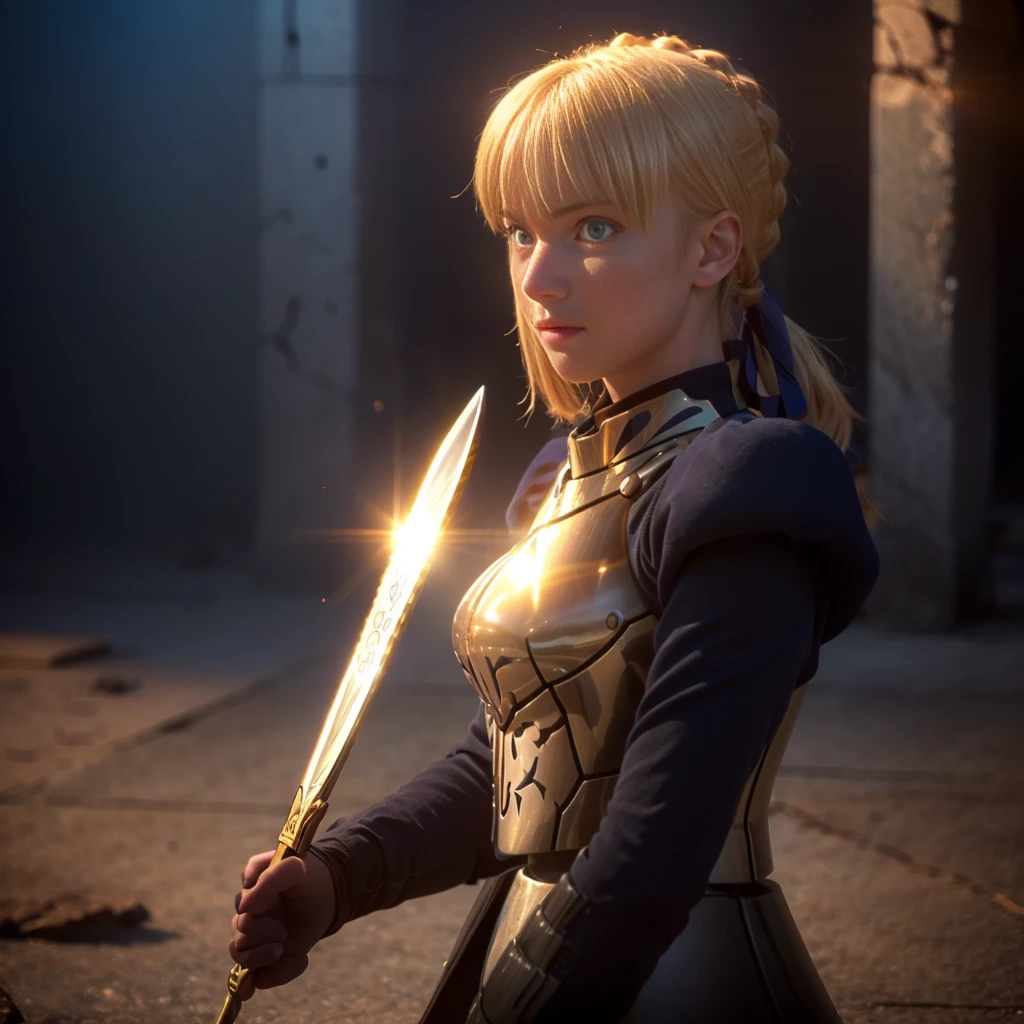 1girl,(((17 years old))),(a blond), (braided single hair bun)), (huge breast:1.5), (((armor))), ((beautiful anime eyes with fine detail)), ((indigo blue ribbon)), realistic skin, (intricate details), ((lighting forward)), depth field, ((ultra high resolution, high res)), {highres}, {{very fine 8KCG wallpapers}}, {{very precise detailed}}, ((((masterpiece)))),background old castle, ((grasp a golden sword)),