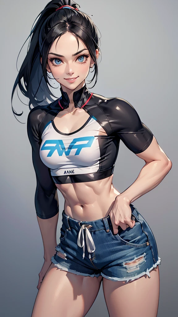 Black hair girl with a ponytail, standing looking at the ground with an air of superiority. muscular girl, naughty smile. detailded, beautiful  face, blue colored eyes. She has a small breasts. micro shorts,shorts