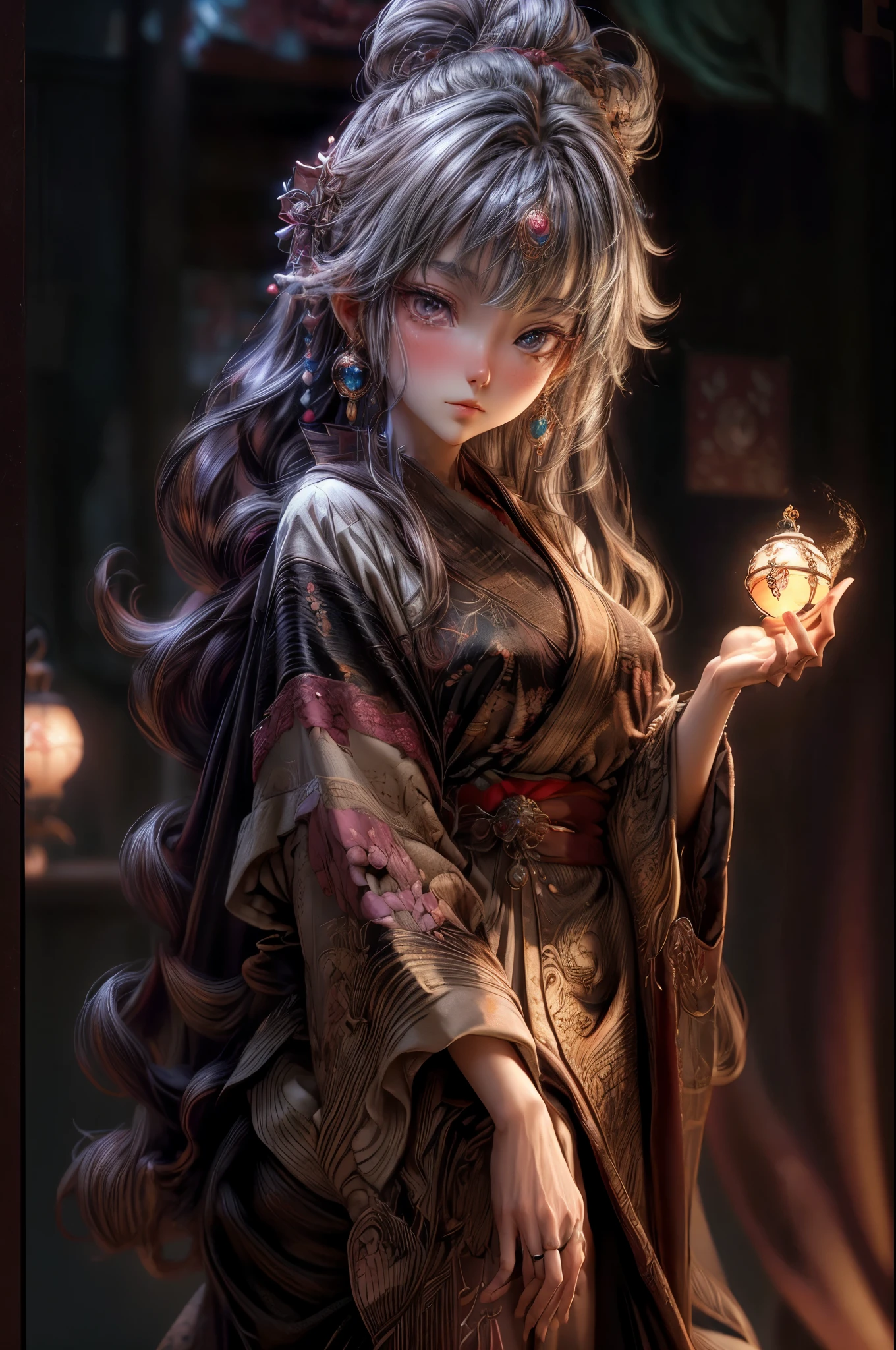 masterpiece, best quality, extremely detailed CG unity 8k wallpaper, A precise, high-definition anime illustration of an astrologer telling fortunes in the background of a photorealistic department store. A fusion of 3D photography and 2D animation, creating a nostalgic atmosphere. Dark room, crystal ball used for fortune telling