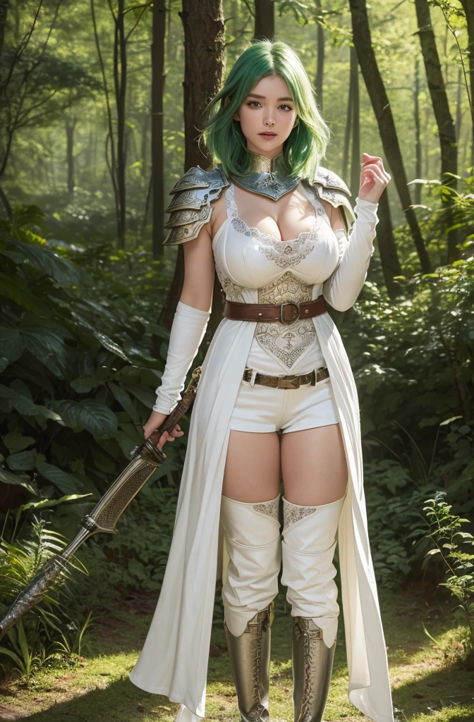 (8k, Highest quality:1.2)、masterpiece, Beautiful Ranger, (Attractive Russian:1.0),(( White clothes))、((Detailed leather armor)), (Strong muscular body), (((Green Hair))),(short hair)、 Braiding、Disheveled Hair、feet, (High fantasy battlefield environment), (Forest Background), (((Holding a dagger))), High resolution, (Skin Texture:1.1), Highest quality, 超High resolution, (Realistic: 1.4), RAW Photos, By Ellen von Unwerth, Nikon D850 film stock photos, 1 1 1.6 Lenses, Rich colors, Bokeh, Sharp focus, Realistic, Cinestill 800, Backlight, Rim Light, Strong sunlight, Realistic, Realistic Shadow, 3d, (Forest Background:1.2),Hair blowing in the wind、whole body、 (Ancient Fantasy Ranger),(Ancient soldier armor),Combat Accessories,breastplate、((mini skirt))、Voluminous lips、((Big Breasts))、((Large Breasts))、Cleavage、((Perfect Face))、Big eyes、Delicate eyes、Armor that fits snugly to the body、Looking into the camera、belt、Armor with intricate patterns、superior半身、superior、Delicate hands、((Knee-high boots))、She is standing、Fairy、森のFairy