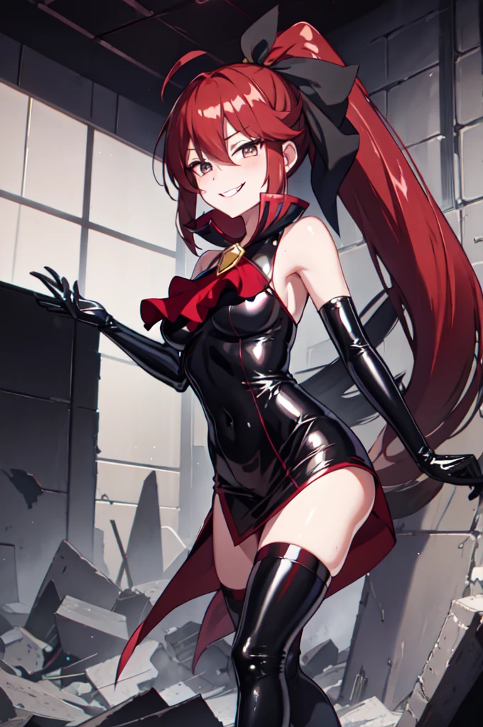 Highest quality, masterpiece, One Girl,Not beautiful, Red Ponytail, Long dress, brooch, Hair Ribbon, , Black knee socks, Standing on the rubble, (Wicked Smile:1.1), ,,Dark shadowed face,Sadistic smile,Malice,Contempt,smile,latex,Bad face,,Red Skirt,two hands,two legs,five fingers,evil background,elbow gloves,latex, Wicked Smile, devilish aura (Shiny fabric:1.5),Dark world background,独奏,feet,Black mog from hand