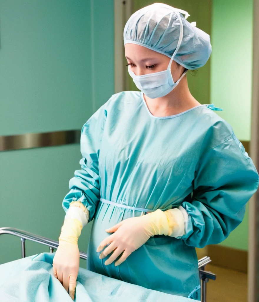 score_9, score_8_up, score_7_up, masterpiece, highest quality, raw image, can see the whole body, pale skin, shy eyes, cover the ears, big breasts, surgical mask, surgical cap, long sleeve surgical gown,
1 girl, pregnant, solo, rubber gloves, frown, standing, in one hospital, hospital bed,