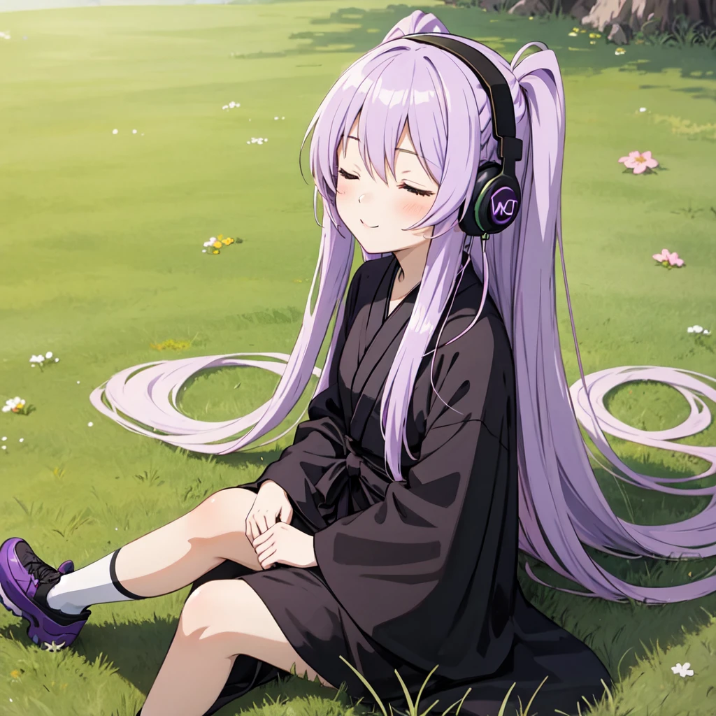 1 person. Anime girl with long purple hair and black robe. Pointy ears. Cute as in manga. Sitting on grass with eyes closed. Headphones.