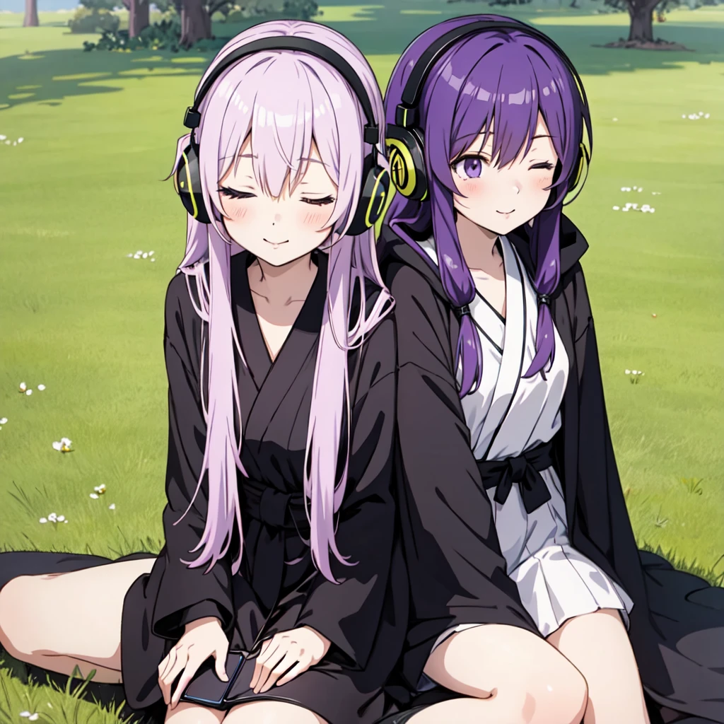 1 person. Anime girl with long purple hair and black robe. Pointy ears. Cute as in manga. Sitting on grass with eyes closed. Headphones.