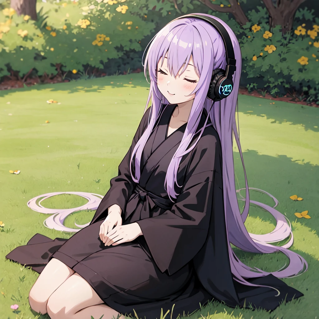 1 person. Anime girl with long purple hair and black robe. Pointy ears. Cute as in manga. Sitting on grass with eyes closed. Headphones.