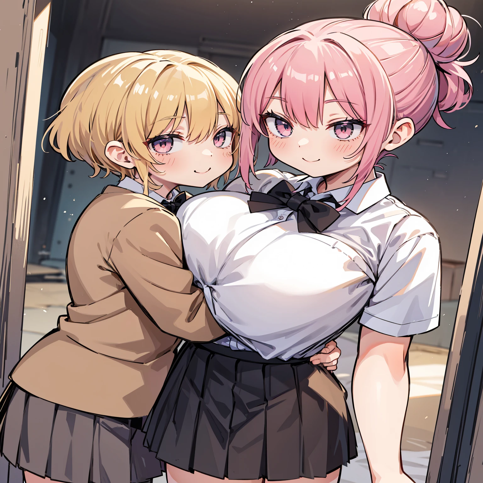 masterpiece, Highest quality, High resolution, JK,huge tit,One girl,black bow,black bowtie,Blonde,bow,bowtie,chest,Hair Bun,Hand in hand,Intertwined fingers,Long Hair,View your viewers,1人のboy,boy,hug,Pink Hair,pleated skirt,Tucked in shirt,short hair,skirt,smile,Tent shirt