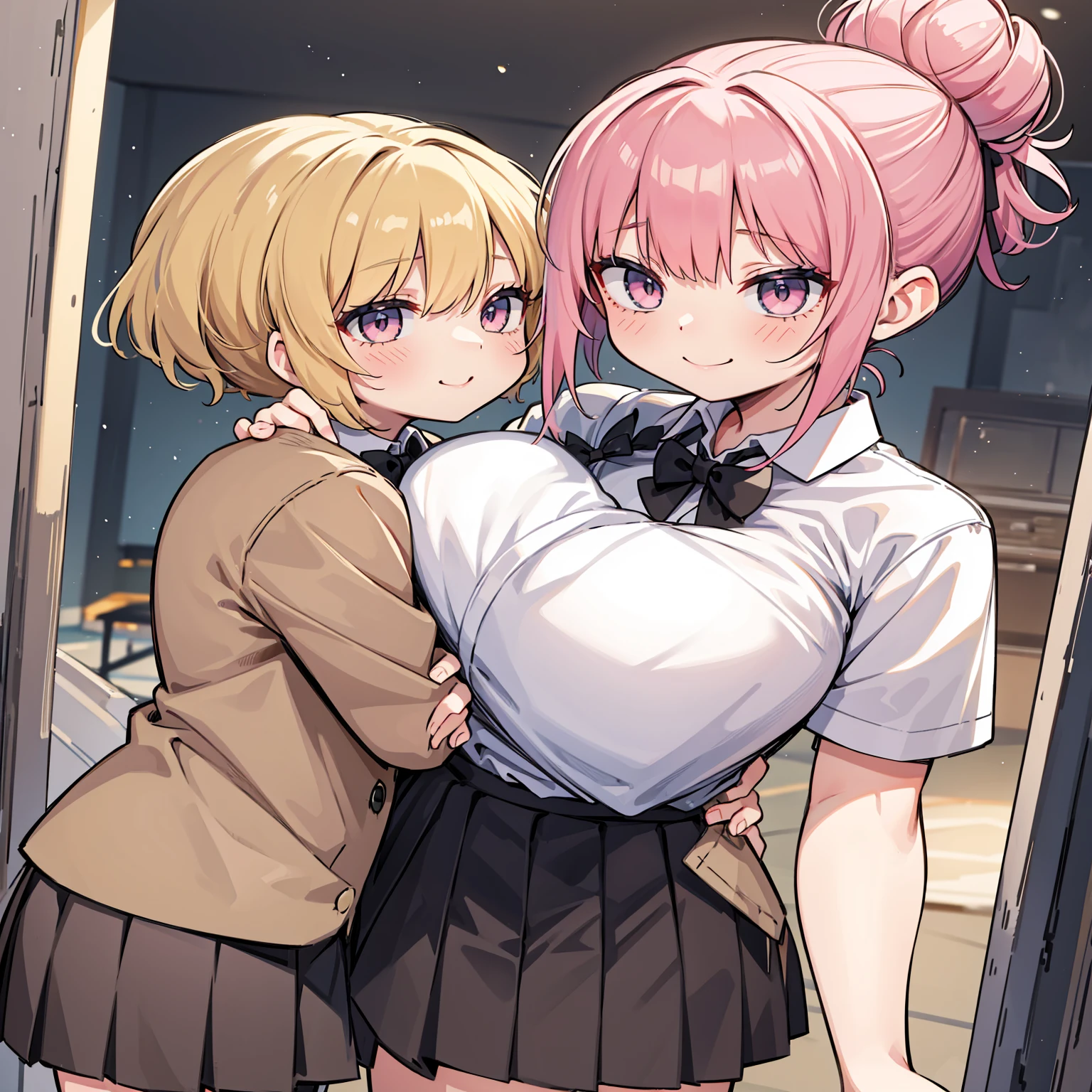 masterpiece, Highest quality, High resolution, JK,huge tit,One girl,black bow,black bowtie,Blonde,bow,bowtie,chest,Hair Bun,Hand in hand,Intertwined fingers,Long Hair,View your viewers,1人のboy,boy,hug,Pink Hair,pleated skirt,Tucked in shirt,short hair,skirt,smile,Tent shirt