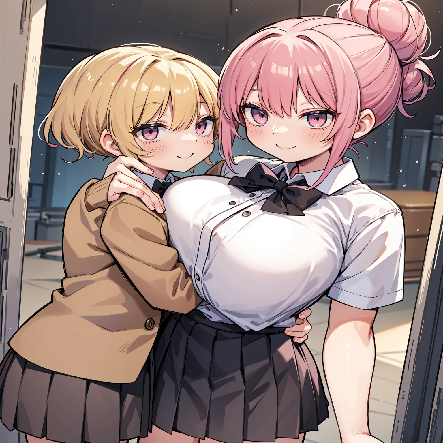 masterpiece, Highest quality, High resolution, JK,huge ,One girl,black bow,black bowtie,Blonde,bow,bowtie,chest,Hair Bun,Hand in hand,Intertwined fingers,Long Hair,View your viewers,1人のboy,boy,hug,Pink Hair,pleated skirt,Tucked in shirt,short hair,skirt,smile,Tent shirt