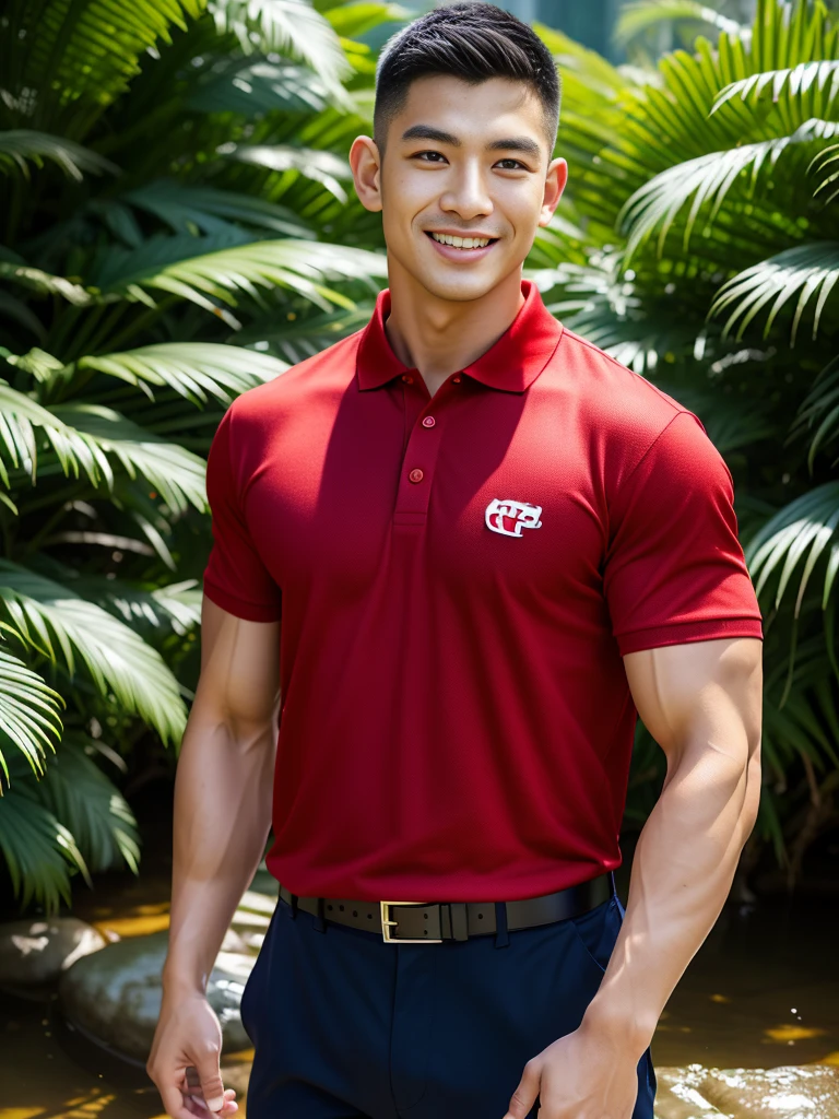 (Create a masterpiece: 1.2),(CGI art:1.3),(realistic:1.5),(After processing:1.3),(Sharp focus:1.3),10,1 man, smile, (Wear a crimson polo shirt.), Navy cargo pants, Korean guy , korean men, (High gloss details), chest muscles, large arm muscles, blood vessel, Big muscles, Broad shoulders, looking at the audience, Balancing the eyes, rice field