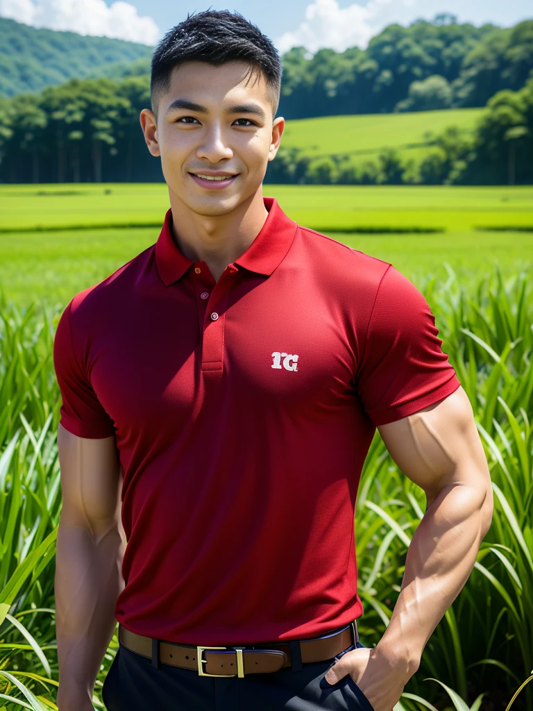 (Create a masterpiece: 1.2),(CGI art:1.3),(realistic:1.5),(After processing:1.3),(Sharp focus:1.3),10,1 man, smile, (Wear a crimson polo shirt.), Navy cargo pants, Korean guy , korean men, (High gloss details), chest muscles, large arm muscles, blood vessel, Big muscles, Broad shoulders, looking at the audience, Balancing the eyes, rice field