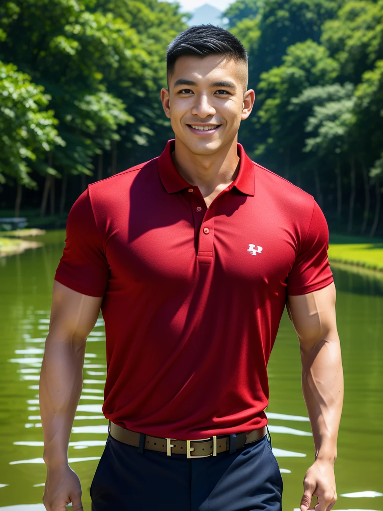 (Create a masterpiece: 1.2),(CGI art:1.3),(realistic:1.5),(After processing:1.3),(Sharp focus:1.3),10,1 man, smile, (Wear a crimson polo shirt.), Navy cargo pants, Korean guy , korean men, (High gloss details), chest muscles, large arm muscles, blood vessel, Big muscles, Broad shoulders, looking at the audience, Balancing the eyes, rice field