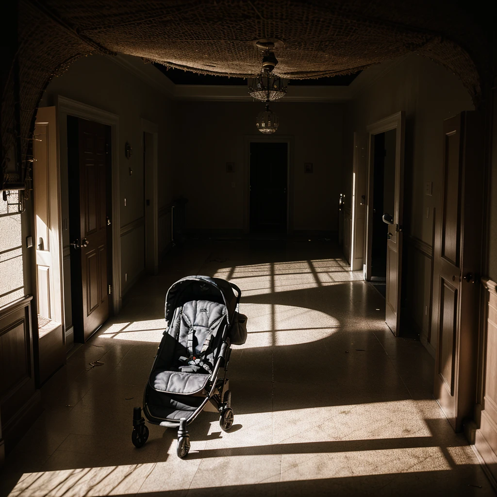 surreal detailed entangled horror halls, a parked stroller and a toy on the floor, atmospheric, secret, clean lines and shapes, odd light --v 6.0 --style raw --s 400