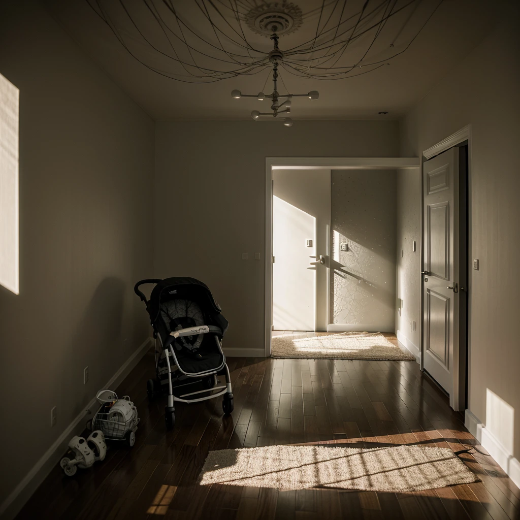 surreal detailed entangled horror halls, a parked stroller and a toy on the floor, atmospheric, secret, clean lines and shapes, odd light --v 6.0 --style raw --s 400