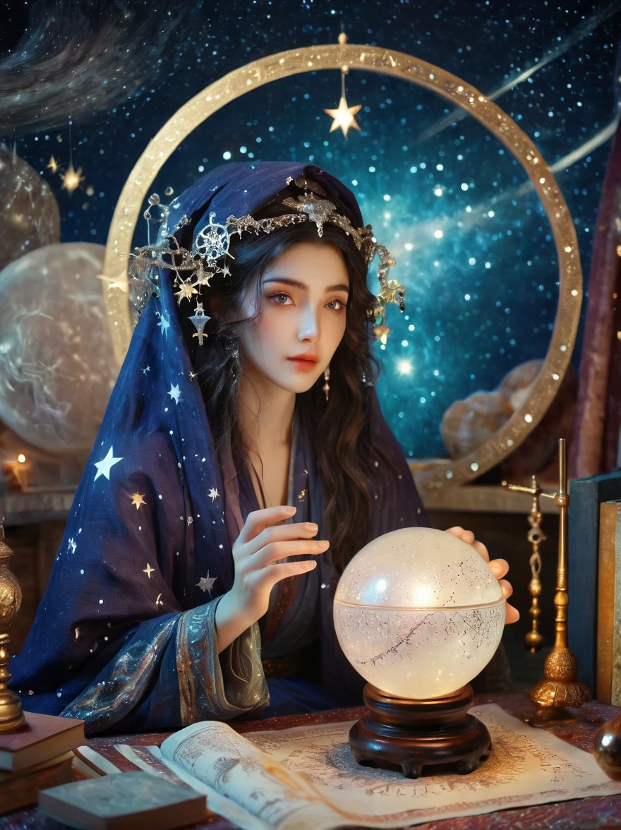 a mystic astrologer woman, flowing robes with intricate star patterns, holding a gleaming crystal ball, beautiful detailed eyes, beautiful detailed lips, long eyelashes, extremely detailed eyes and face, celestial background with stars and constellations, a desk filled with ancient scrolls and astrological tools, soft, ethereal lighting, dramatic shadows, slight bokeh effect, sharp focus, professional, vivid colors, artisan style, magical atmosphere, cosmic theme, (best quality, masterpiece:1.2), ultra-detailed, (realistic, photorealistic), illustration, 8k, highres