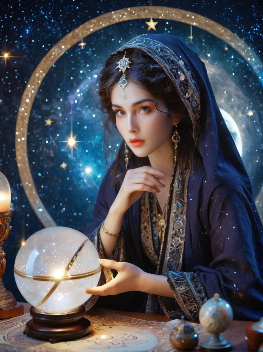 a mystic astrologer woman, flowing robes with intricate star patterns, holding a gleaming crystal ball, beautiful detailed eyes, beautiful detailed lips, long eyelashes, extremely detailed eyes and face, celestial background with stars and constellations, a desk filled with ancient scrolls and astrological tools, soft, ethereal lighting, dramatic shadows, slight bokeh effect, sharp focus, professional, vivid colors, artisan style, magical atmosphere, cosmic theme, (best quality, masterpiece:1.2), ultra-detailed, (realistic, photorealistic), illustration, 8k, highres