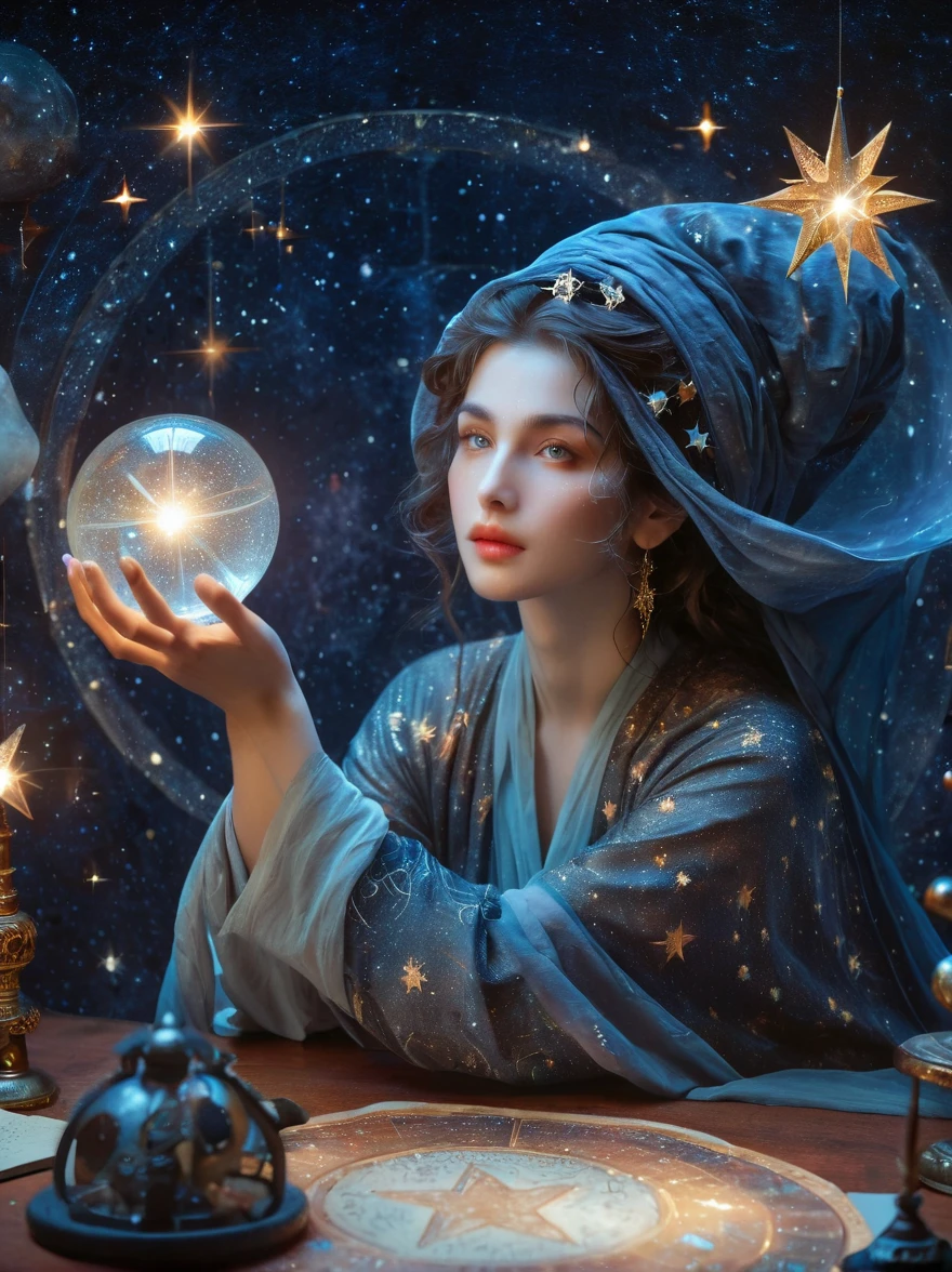 a mystic astrologer woman, flowing robes with intricate star patterns, holding a gleaming crystal ball, beautiful detailed eyes, beautiful detailed lips, long eyelashes, extremely detailed eyes and face, celestial background with stars and constellations, a desk filled with ancient scrolls and astrological tools, soft, ethereal lighting, dramatic shadows, slight bokeh effect, sharp focus, professional, vivid colors, artisan style, magical atmosphere, cosmic theme, (best quality, masterpiece:1.2), ultra-detailed, (realistic, photorealistic), illustration, 8k, highres