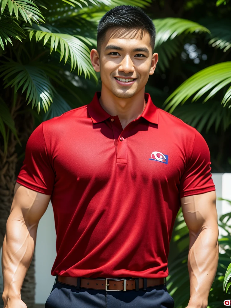 (Create a masterpiece: 1.2),(CGI art:1.3),(realistic:1.5),(After processing:1.3),(Sharp focus:1.3),10,1 man, smile, (Wear a crimson polo shirt.), Navy cargo pants, Korean guy , korean men, (High gloss details), chest muscles, large arm muscles, blood vessel, Big muscles, Broad shoulders, looking at the audience, Balancing the eyes, rice field