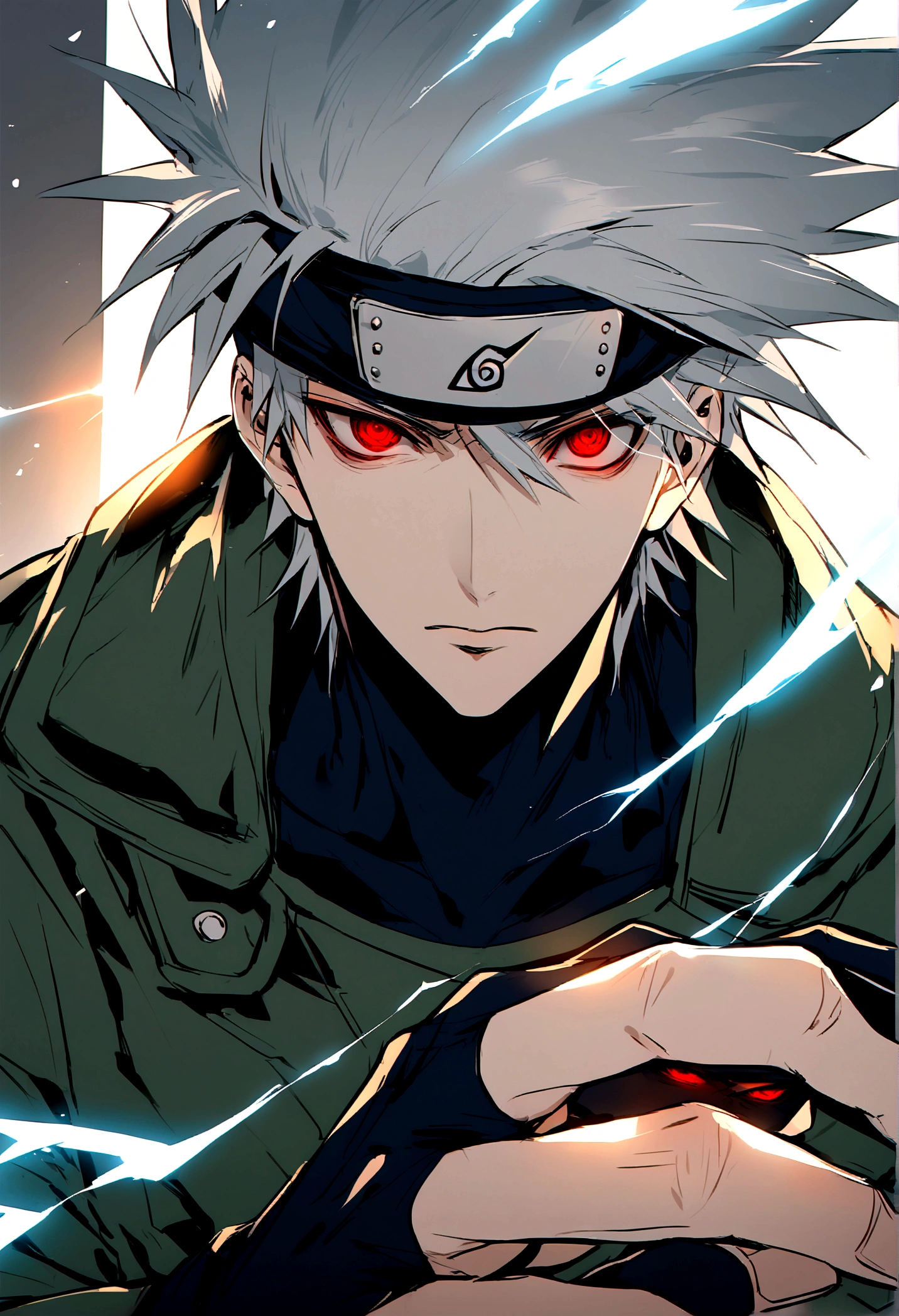 hatíce kAkashi, blue lightning bolt in one hand, chidory, upper body, sharingan in eyes, ready to fight, hight quality, red eyes, whole hand