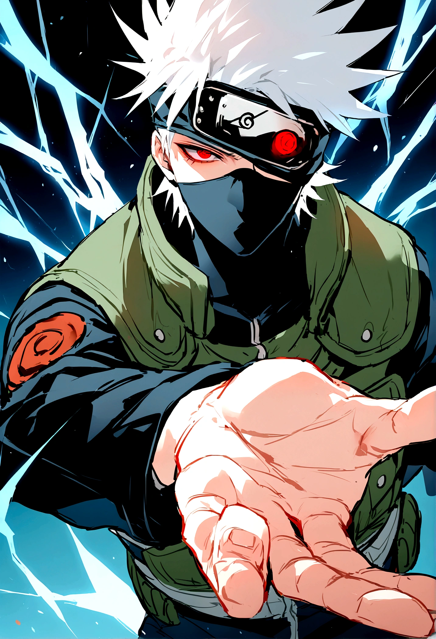 hatíce kAkashi, blue lightning bolt in one hand, chidory, upper body, sharingan in eyes, ready to fight, hight quality, red eyes, whole hand